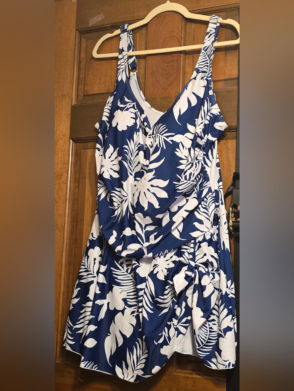 Women’s Blue and White Tropical Print Swim Dress